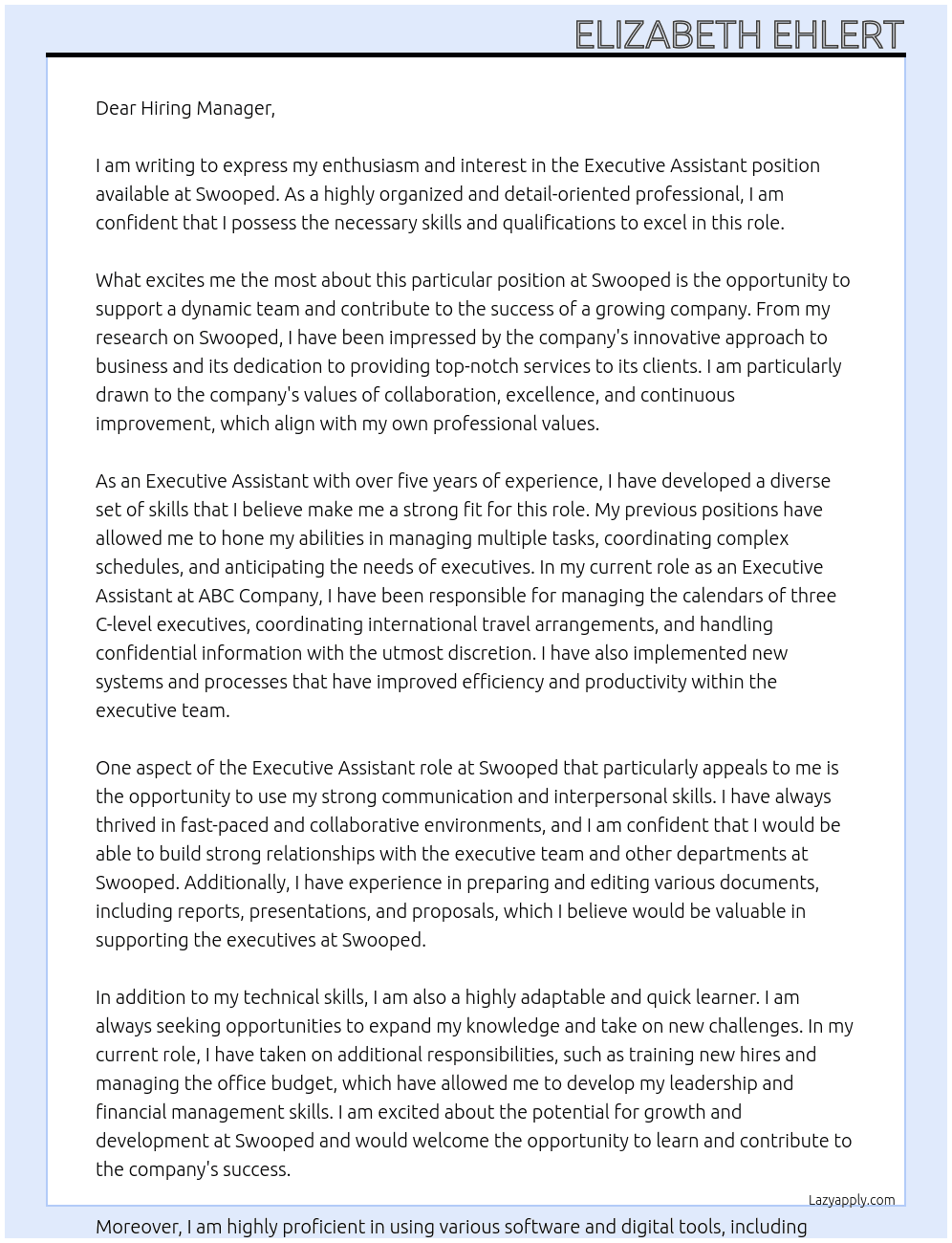 Executive Assistant  At Swooped Cover Letter