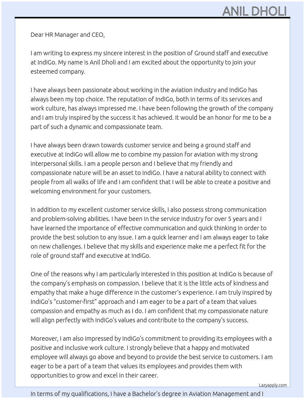 Ground staff and executive At INDIAGO  Cover Letter