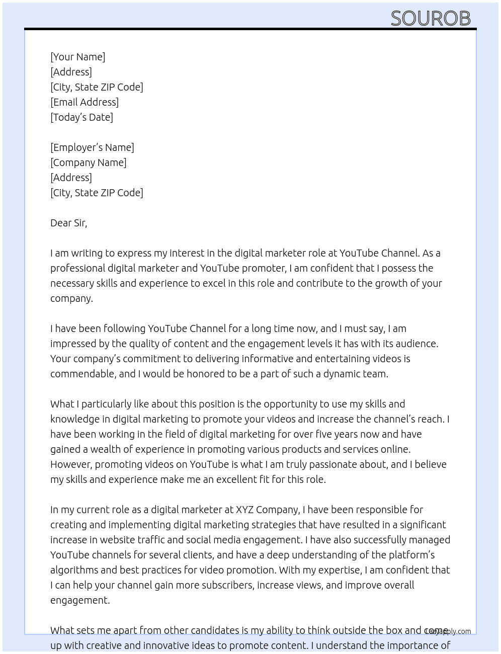 youtube At youtube cannel Cover Letter
