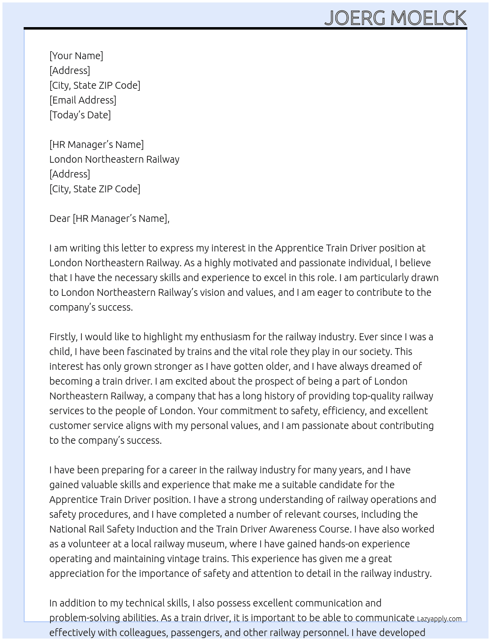Apprentice Train Driver At London Northeastern Railway Cover Letter