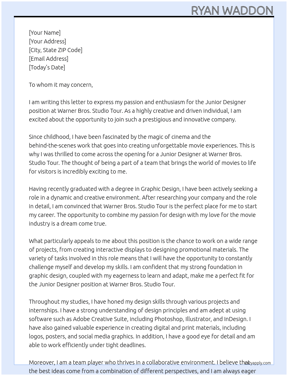 Junior Designer At Warner Bros. Studio Tour Cover Letter