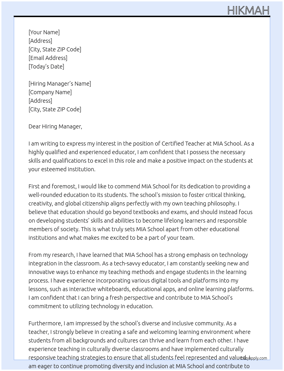 Certified Teacher At MIA School Cover Letter