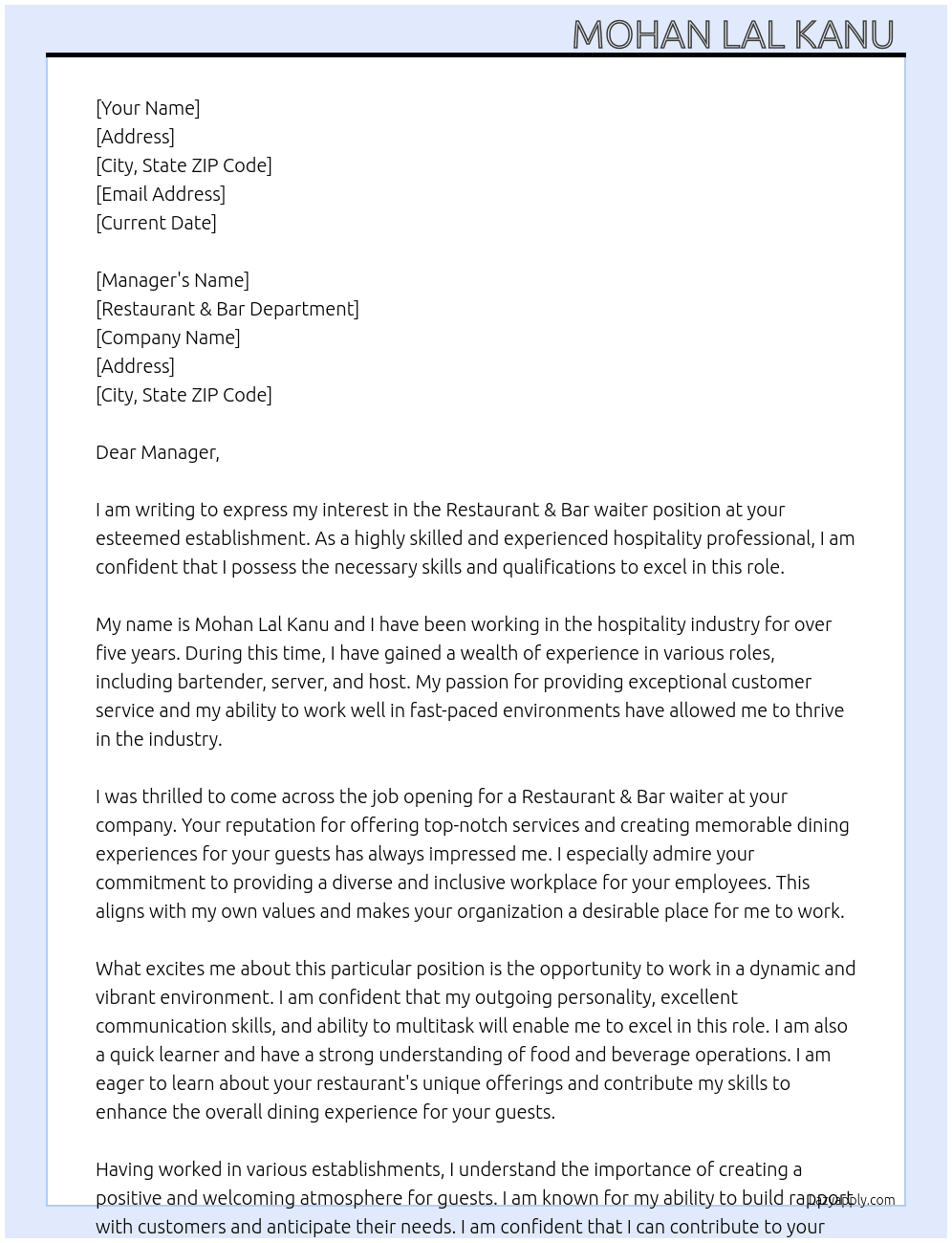 Cover letter for restaurant & bar waiter - LazyApply