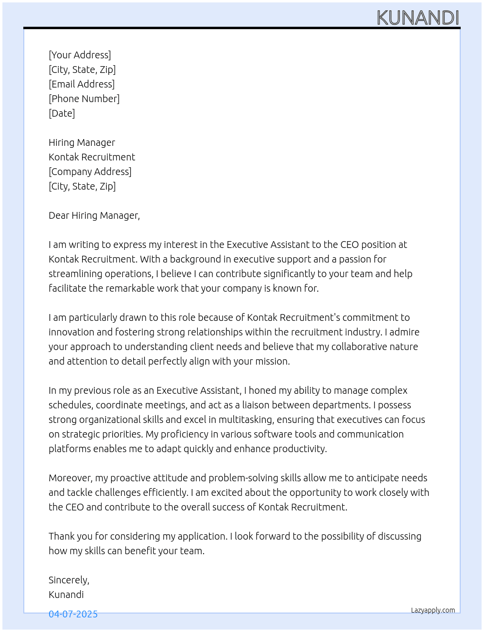 Executive Assistant to CEO At Kontak Recruitment Cover Letter