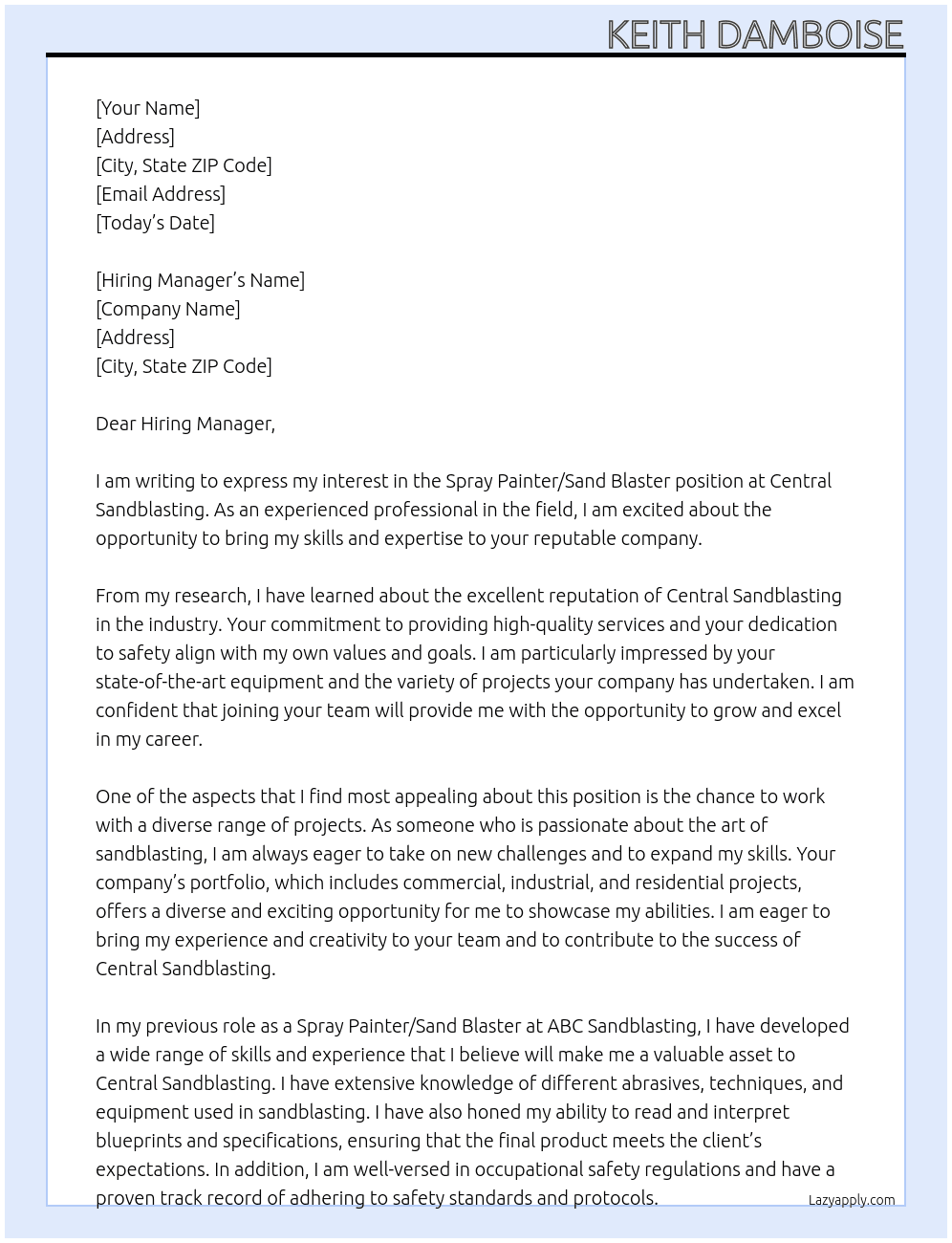 Spray Painter / Sand Blaster At Central Sandblasting Cover Letter