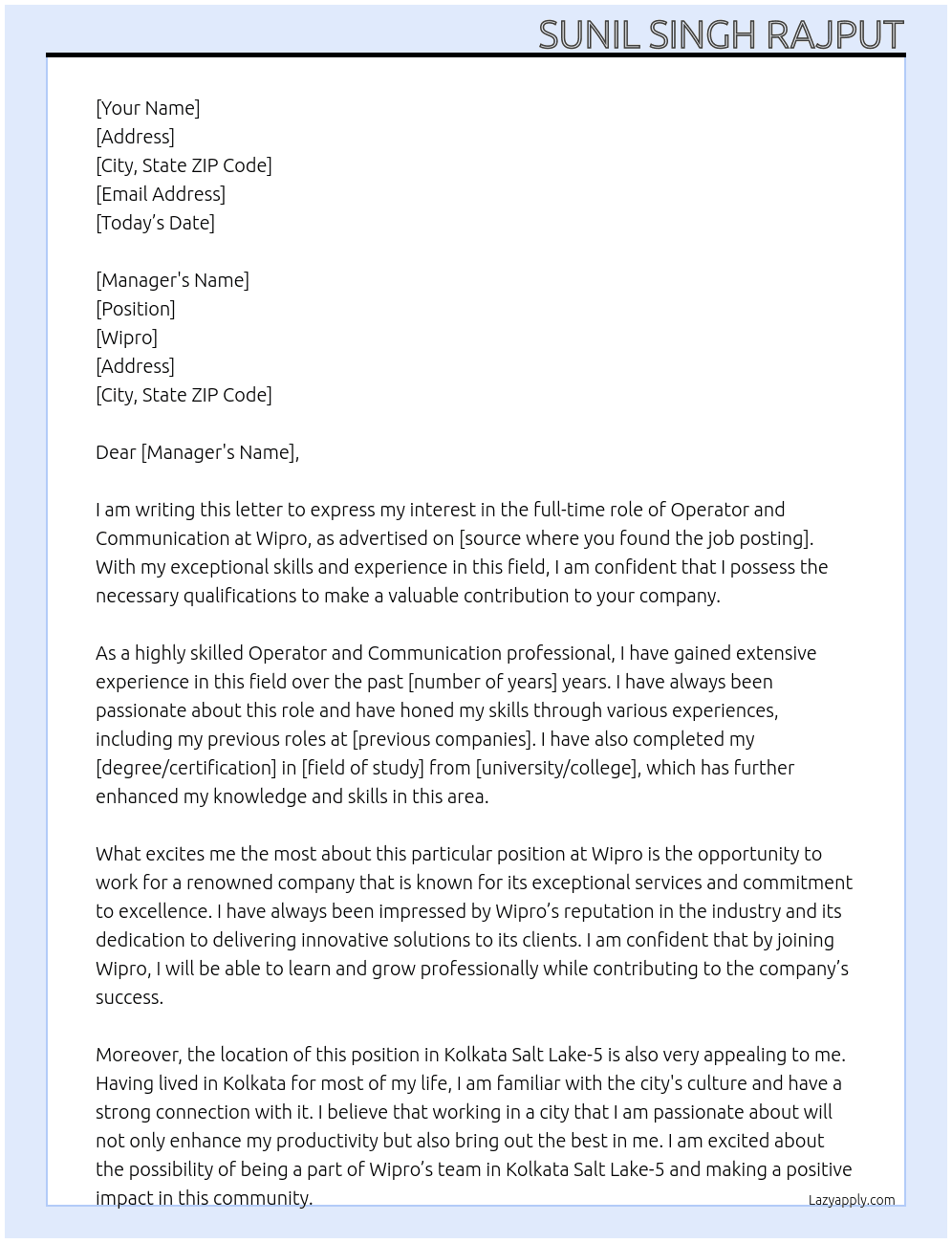 Wipro At Wipro Cover Letter