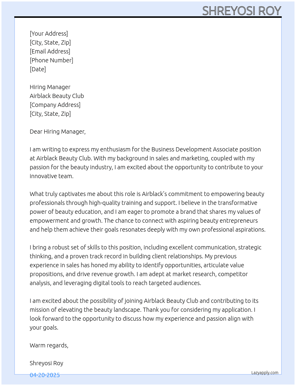 Business Development Associate At Airblack Beauty Club Cover Letter