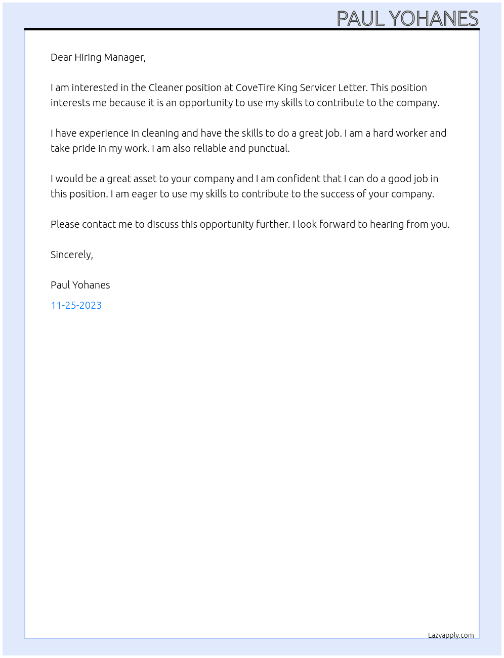 Cleaner At CoveTire King Servicer Letter Cover Letter