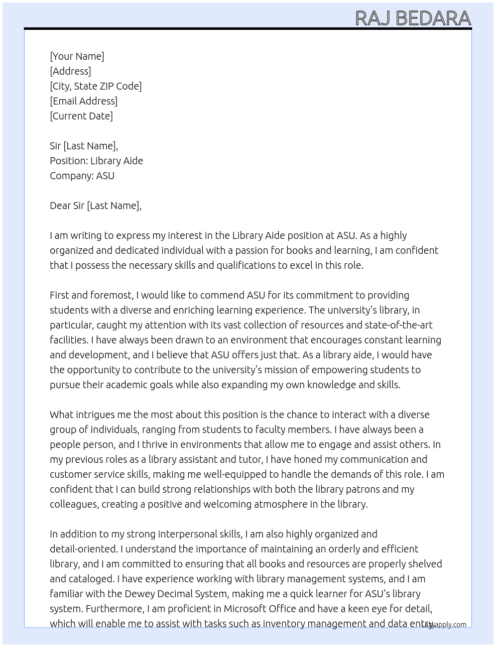 library aide At ASU Cover Letter