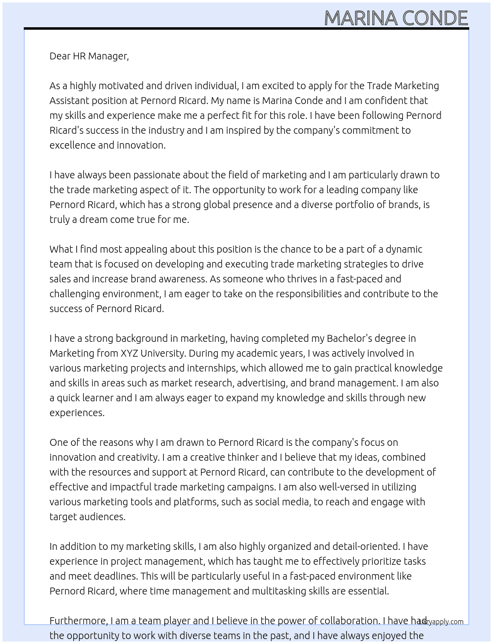 Trade Marketing Assistant At Pernord Ricard Cover Letter