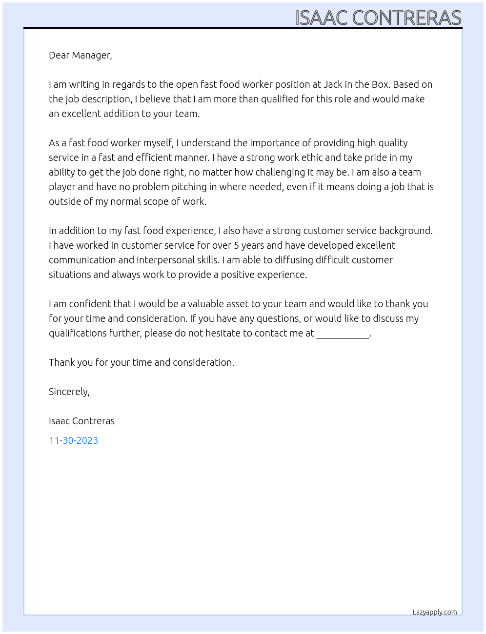 Fast food worker At Jack in the Box Cover Letter