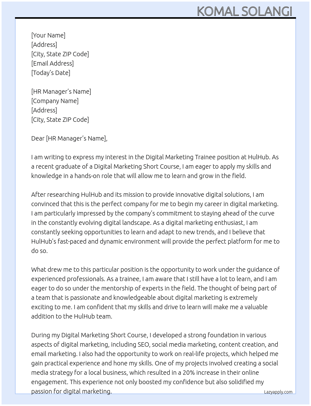 Digital Marketing Trainee At HulHub Cover Letter
