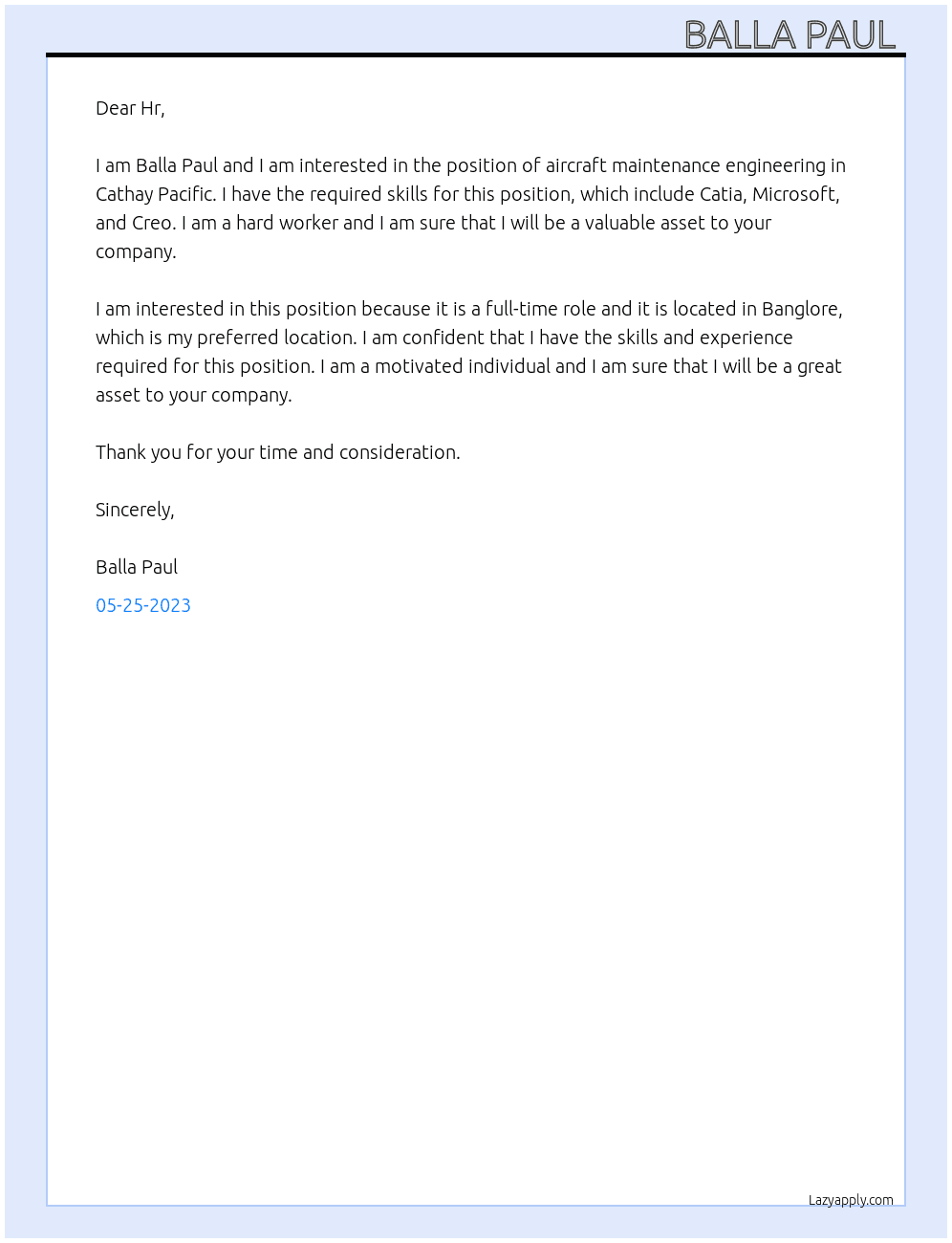 Aircraft maintenance engineering  At Cathay Pacific  Cover Letter
