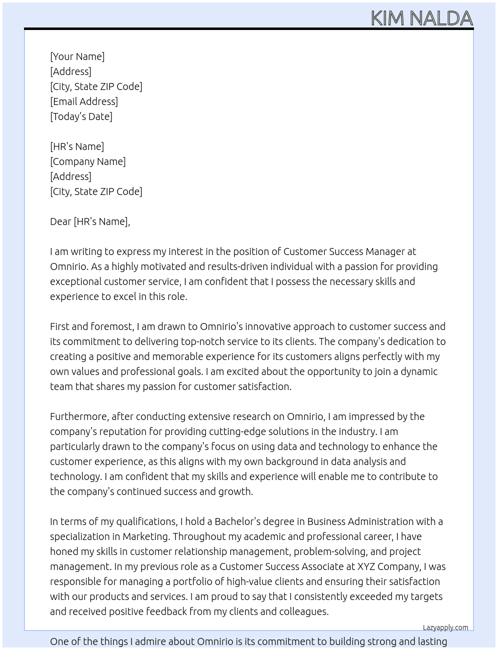 customer success manager At omnirio Cover Letter
