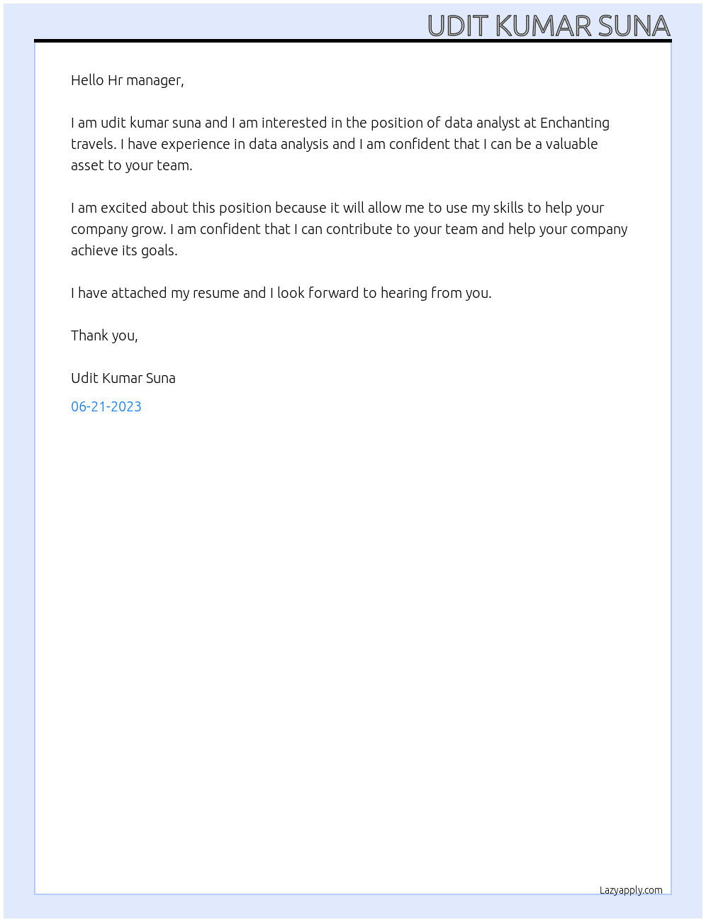 data analyst At Enchanting travels Cover Letter