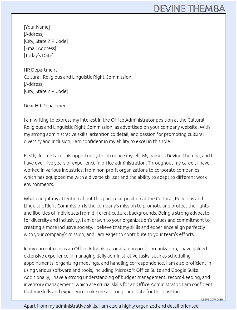 OFFICE ADMINISTRATORS At CULTURAL,RELIGIOUS AND LIGUISTIC RIGHT COMMISSION Cover Letter