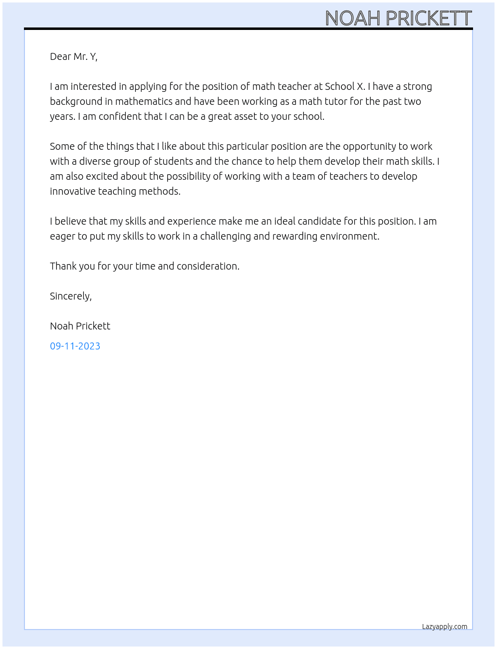 math teacher At school x Cover Letter