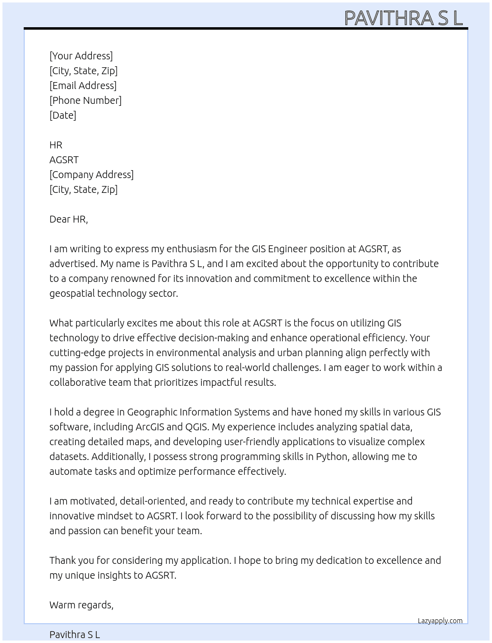 Cover letter for gis engnieer - LazyApply