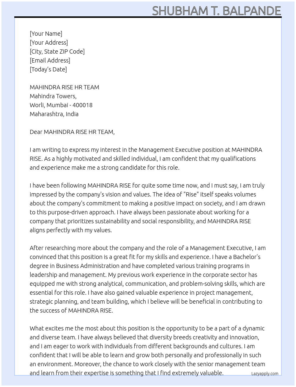 Management Executive At MAHINDRA RISE Cover Letter