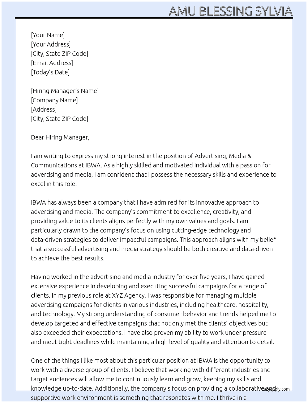Advertising, Media & Communications At IBWA Cover Letter