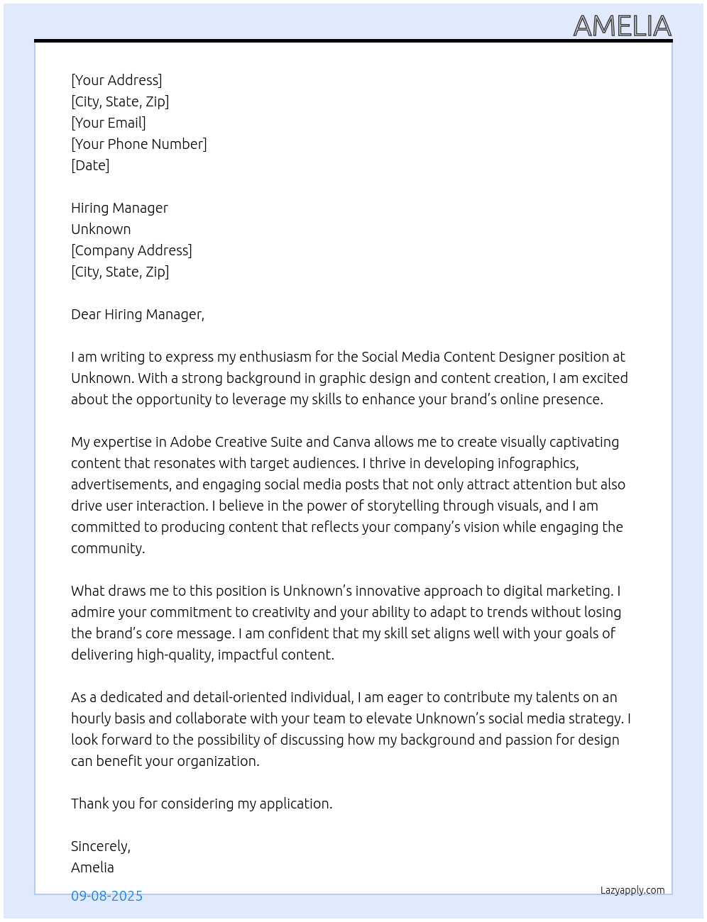 social media content designer At Unknown Cover Letter