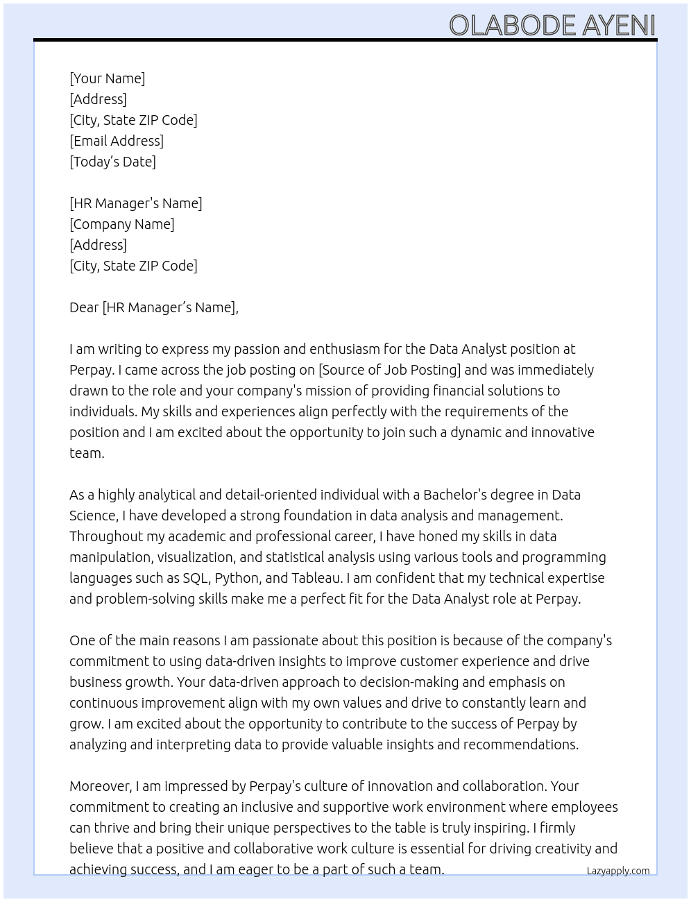 Data Analyst At Perpay Cover Letter