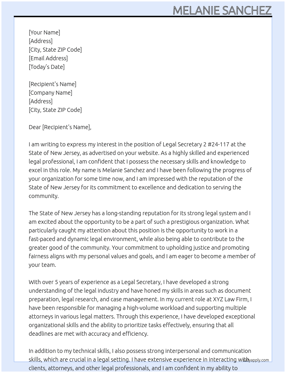 Legal Secretary 2 #24-117 At State of New Jersey  Cover Letter
