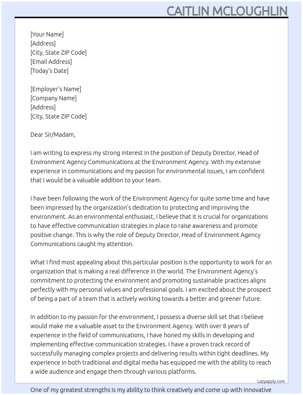 Deputy Director, Head of Environment Agency Communications At Environment Agency Cover Letter