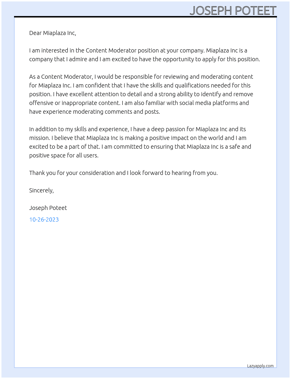 Content Moderator At Miaplaza Inc Cover Letter