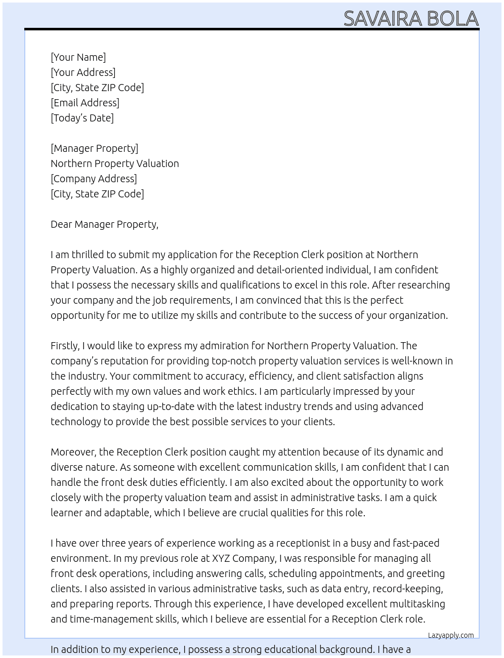 Reception Clerk At Northern Property Valuation Cover Letter