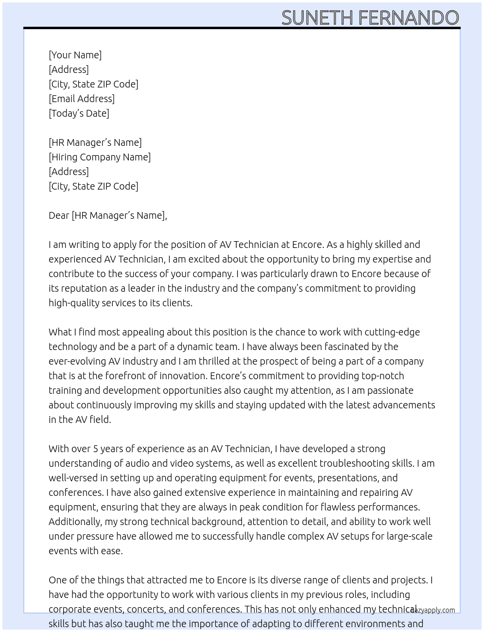 AV Technician At Encore Cover Letter