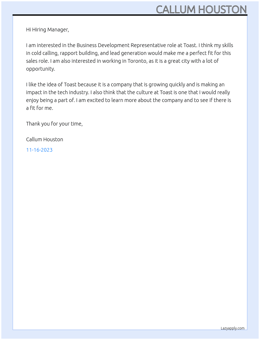 Business Development Representaive  At Toast Cover Letter