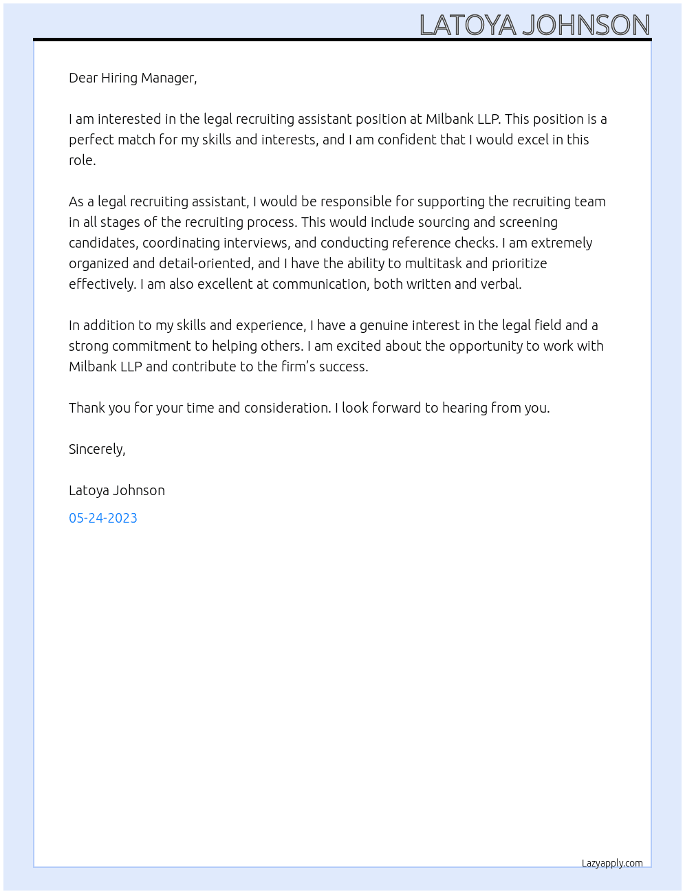 legal recruiting assistant At Milbank LLP Cover Letter