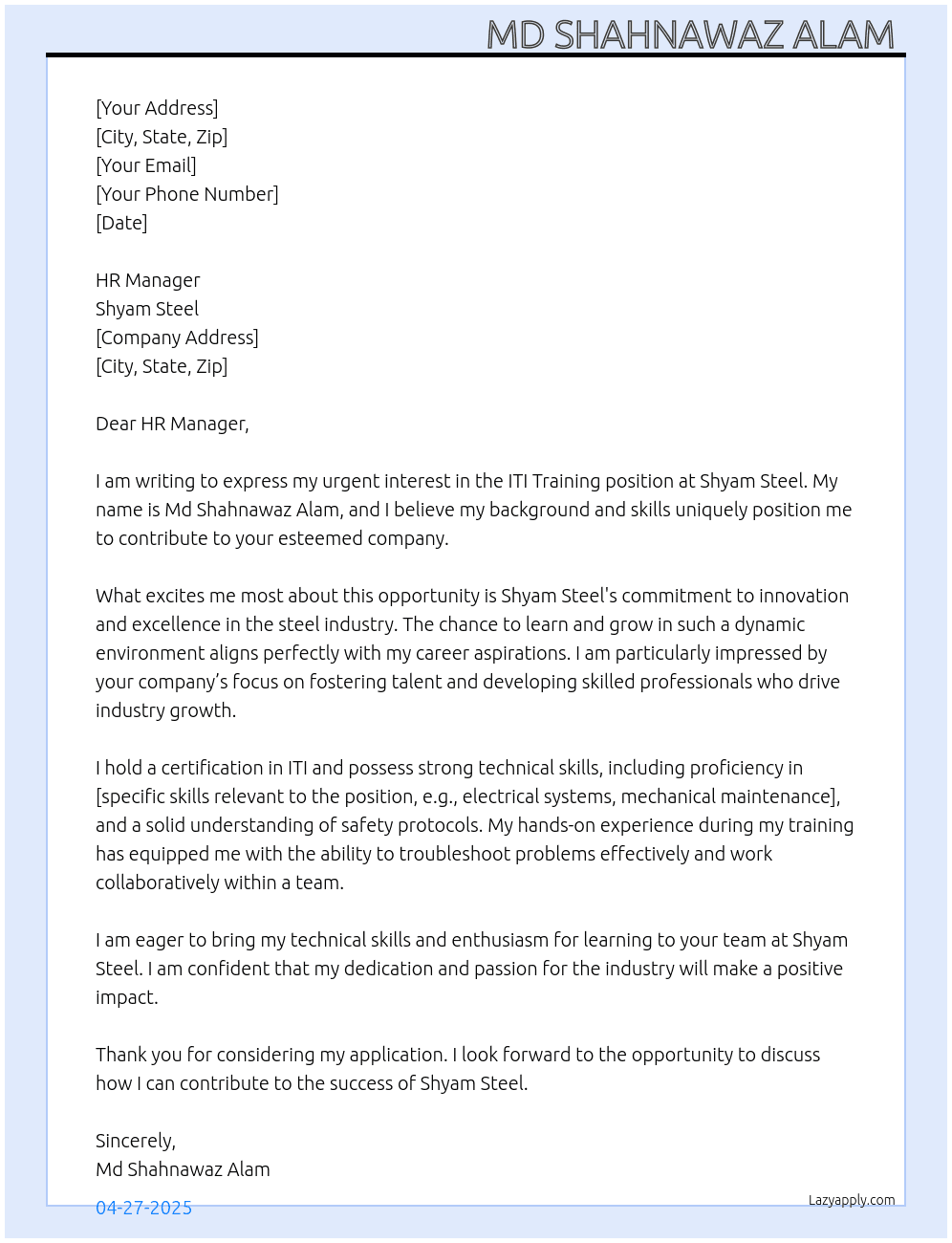 ITI Training  At Shyam steel  Cover Letter