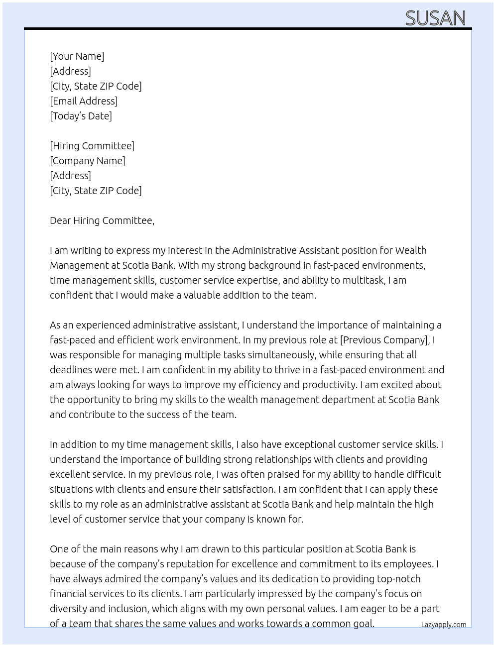 Administrative assistant for wealth management  At Scotia bank Cover Letter