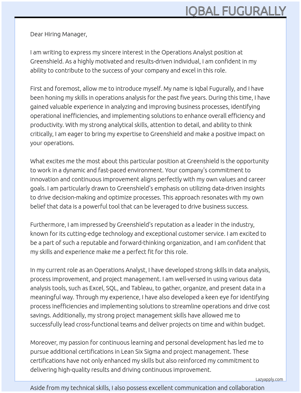 Operations Analyst At Greenshield Cover Letter