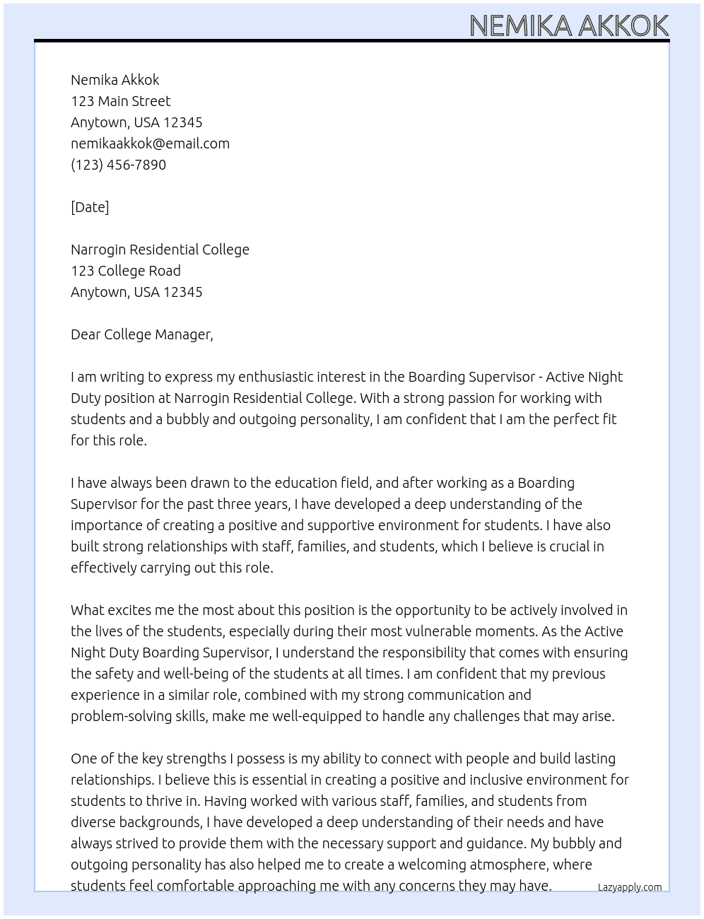 Boarding Supervisor - Active Night Duty At Narrogin Residential College Cover Letter