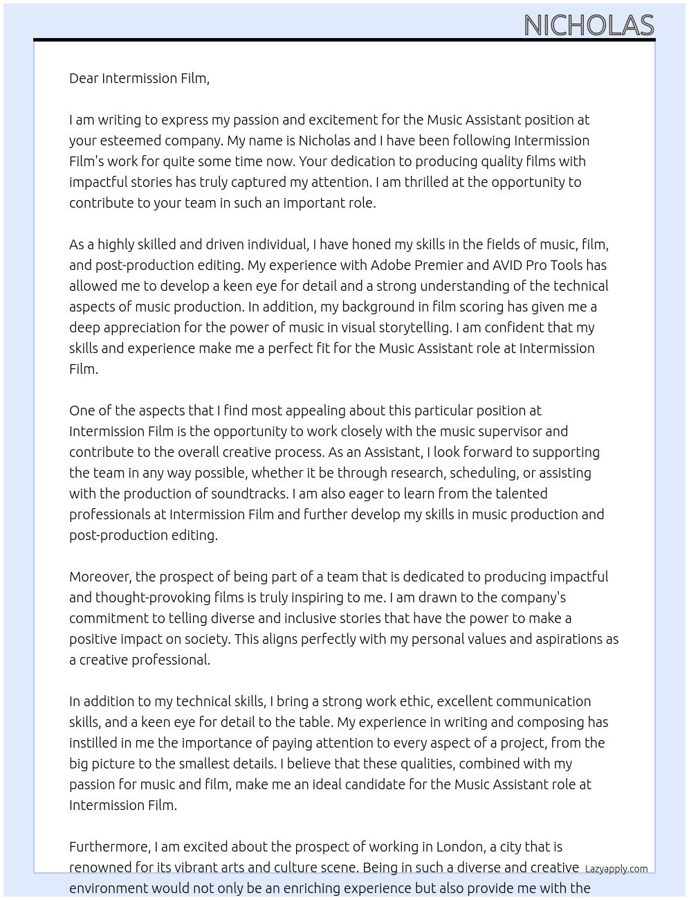 Music Assistant At Intermission Film Cover Letter