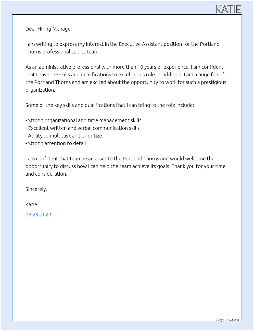 Executive Assistant for Professional sports team At Portland Thorns Cover Letter
