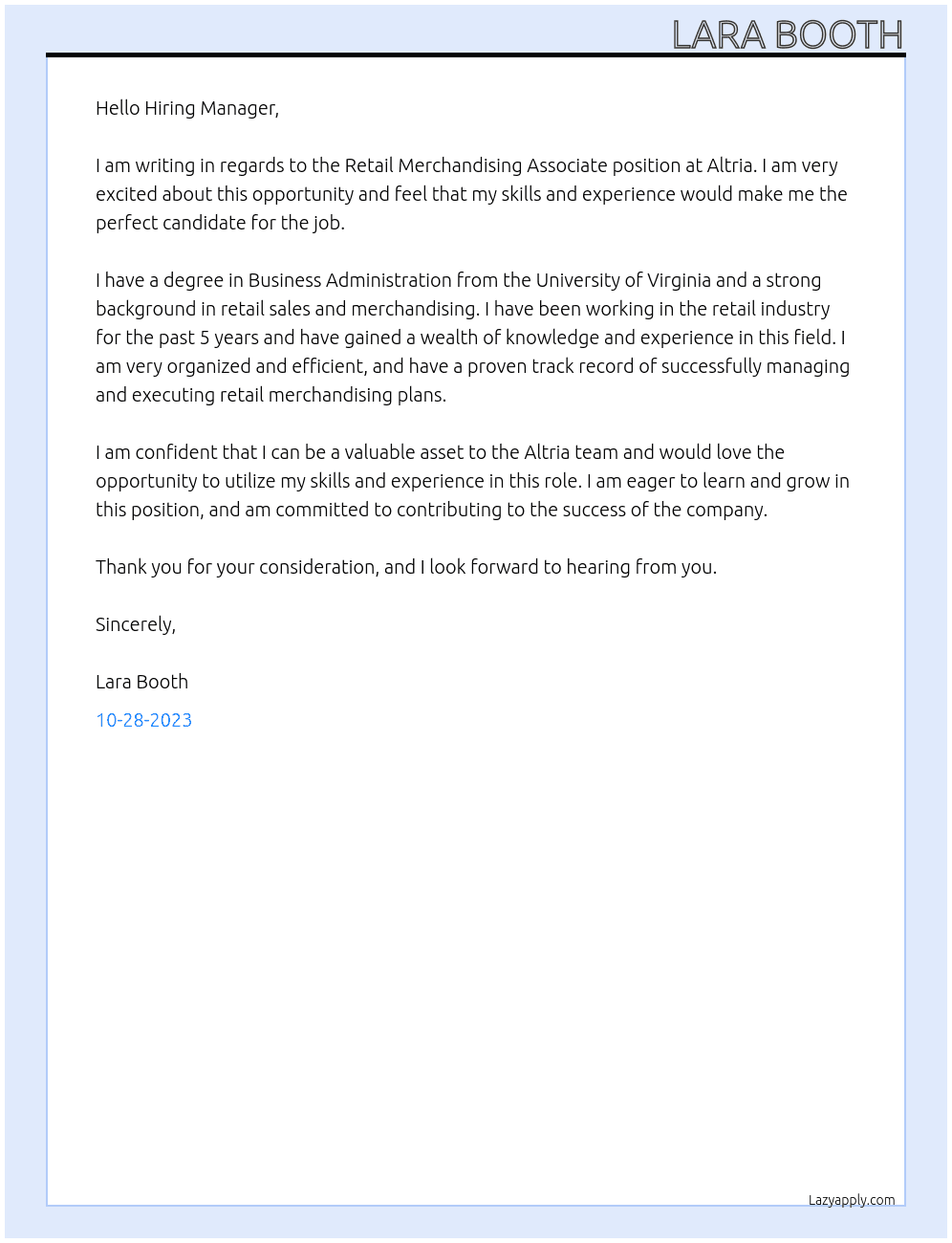 Retail merchandising associate  At Altria Cover Letter