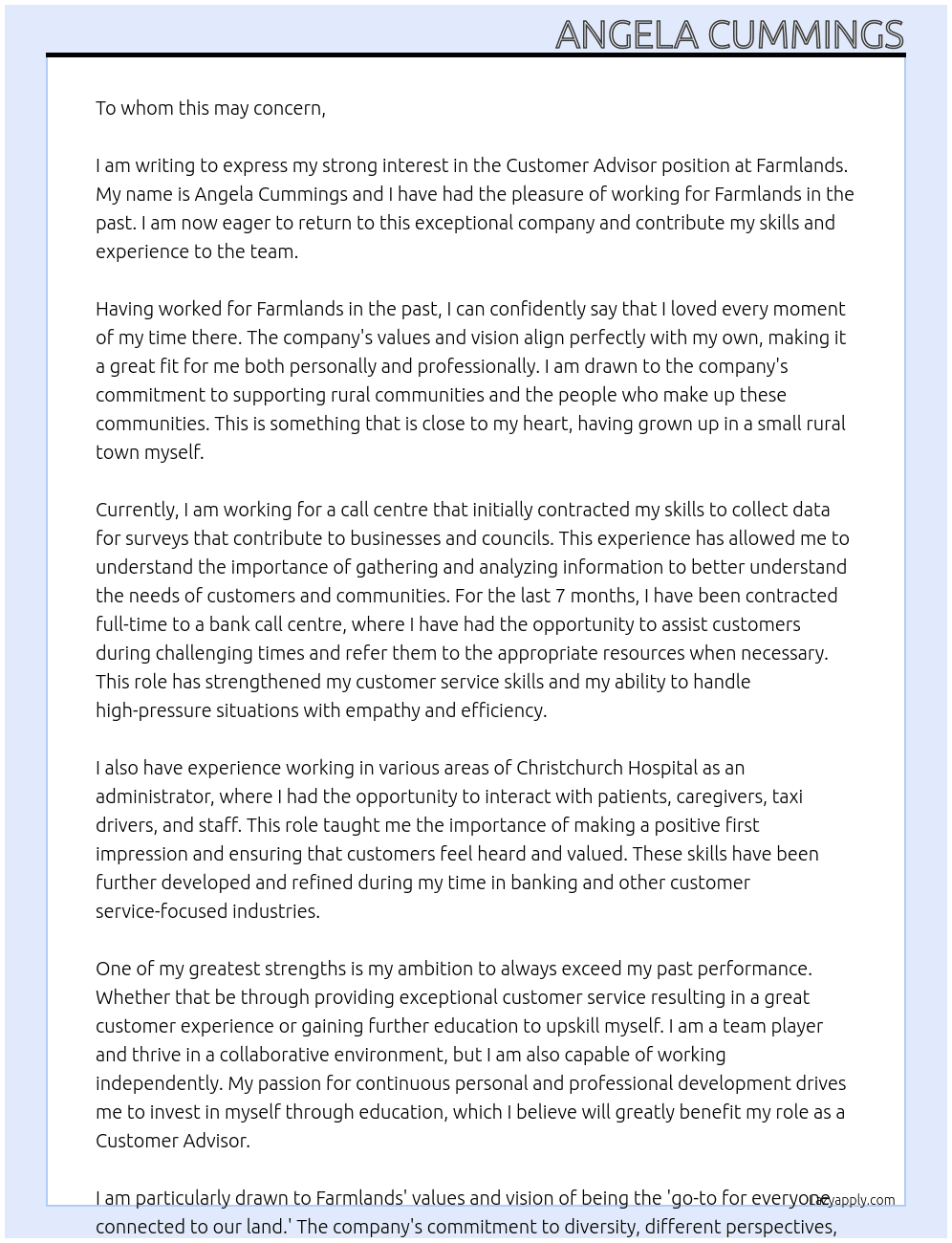Customer Advisor At Farmlands Cover Letter