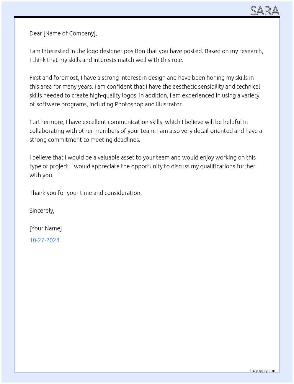 logo designer At sara Cover Letter