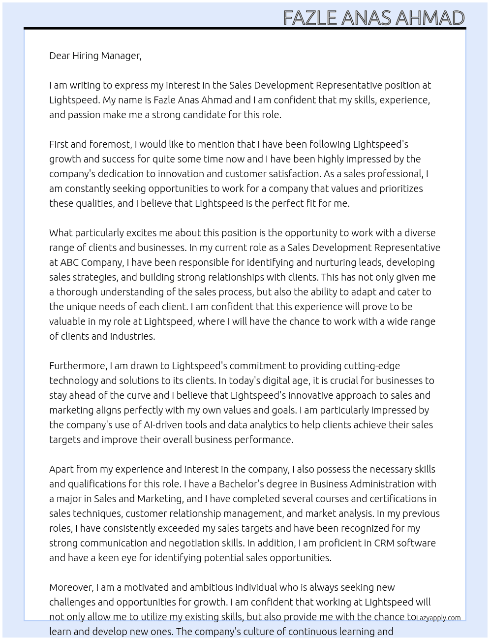 sales devolopment representative At lightspeed Cover Letter