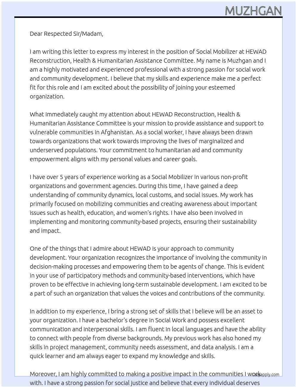 Social Mobilizer At HEWAD Reconstruction ,Health &Humanitarian Assistance Committee Cover Letter
