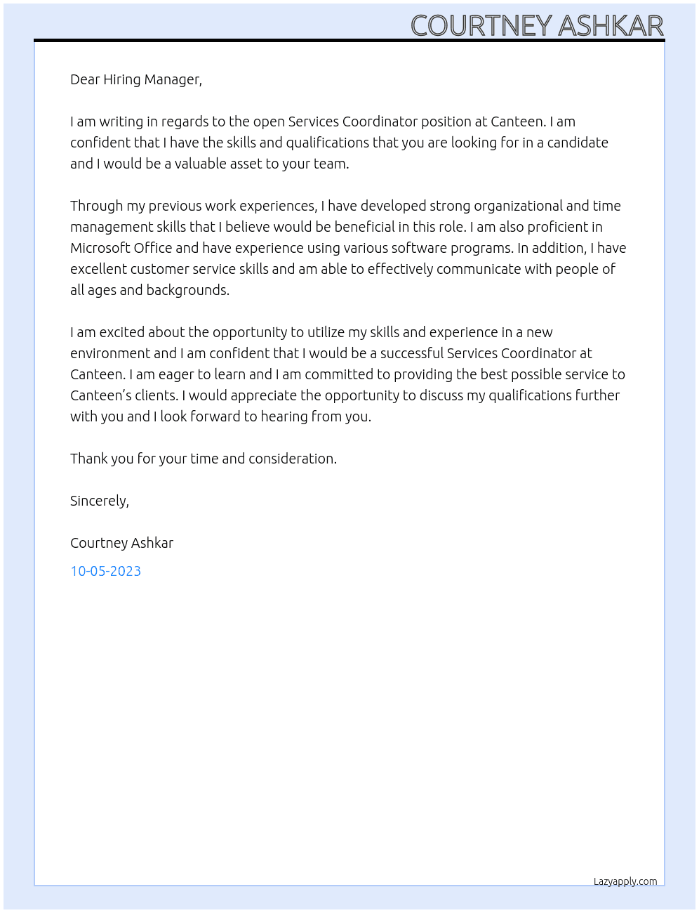 Services Coordinator At Canteen Cover Letter