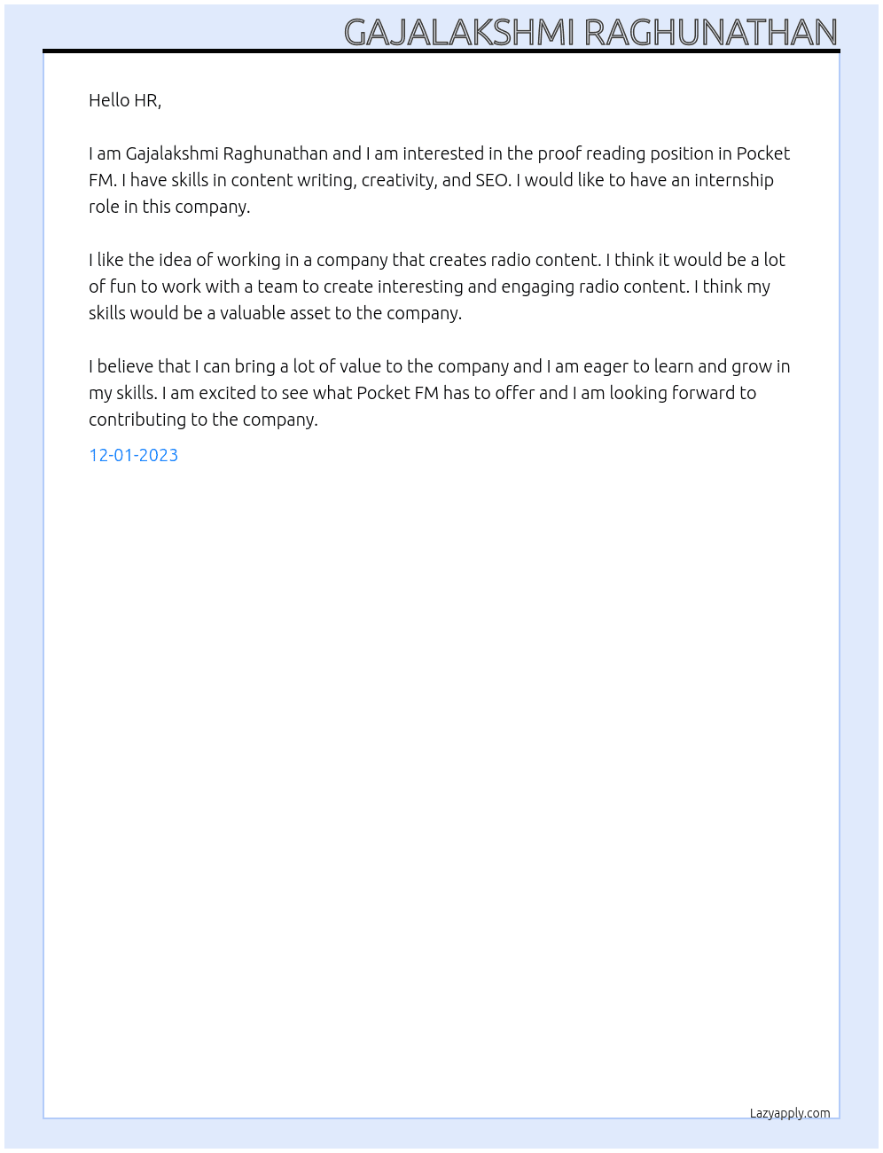 Proof reading At Pocket FM Cover Letter