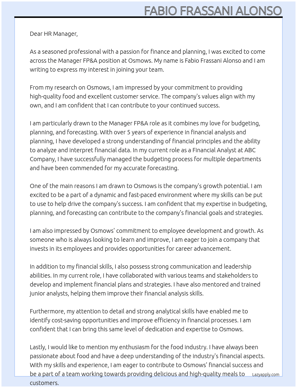 Manager FP&A At Osmows Cover Letter