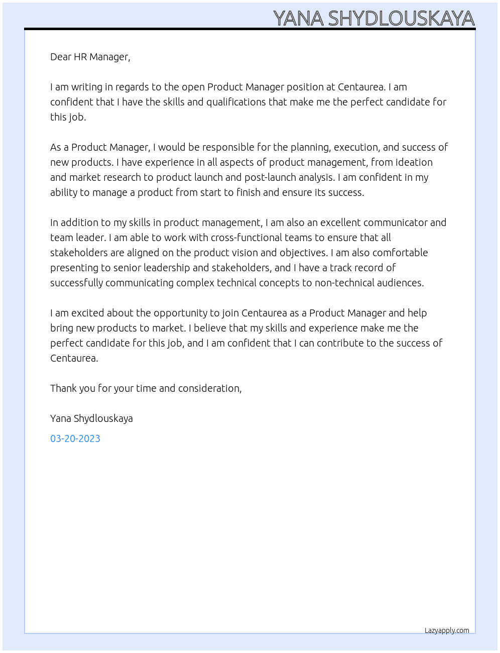 Product Manager At Centaurea Cover Letter