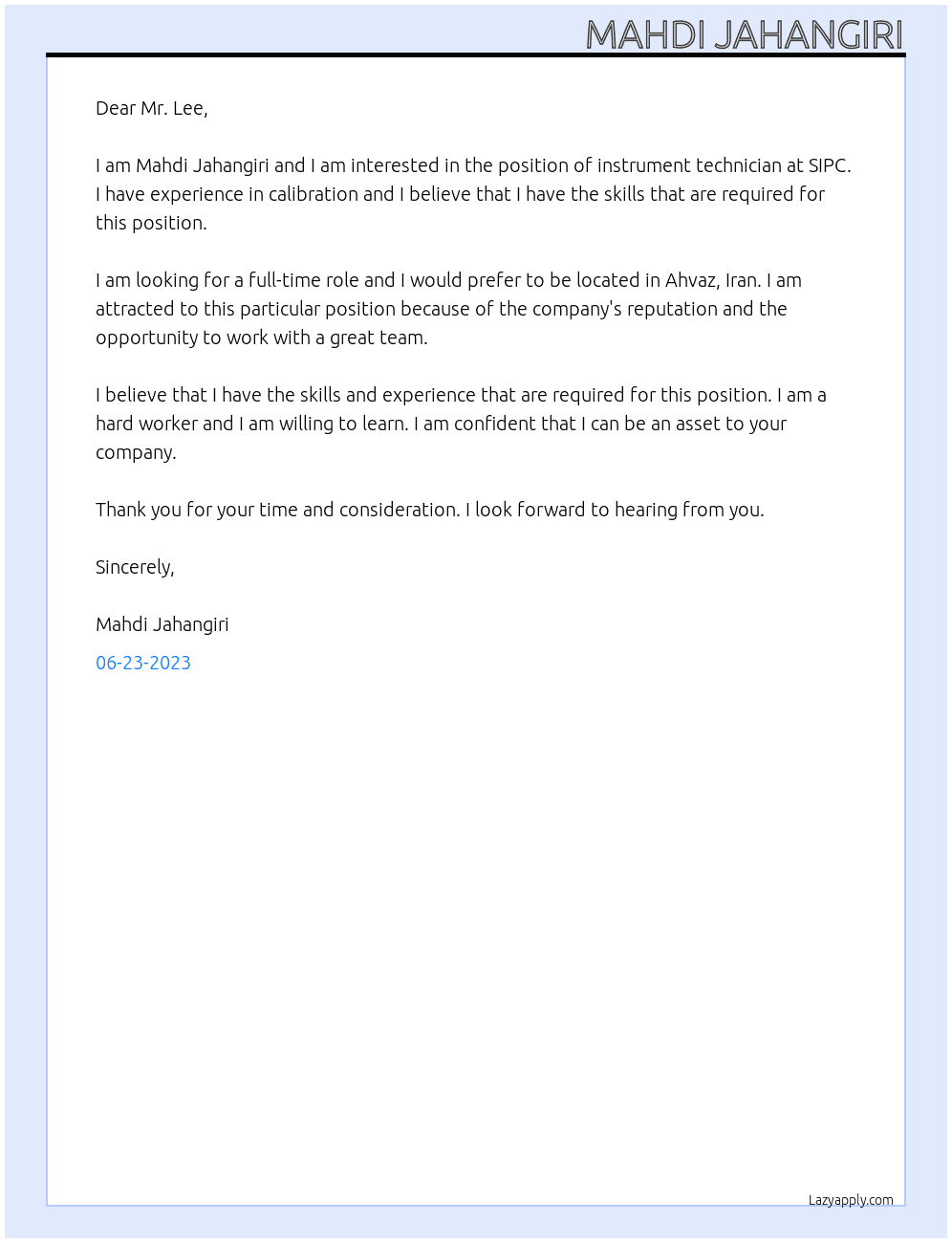 instrument technician  At SIPC  Cover Letter