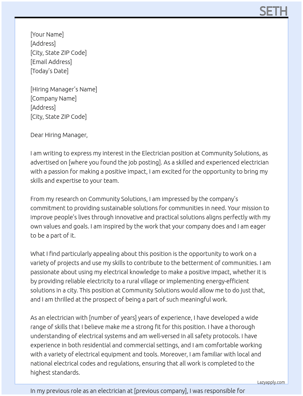 Electrician  At Community Solutions Cover Letter